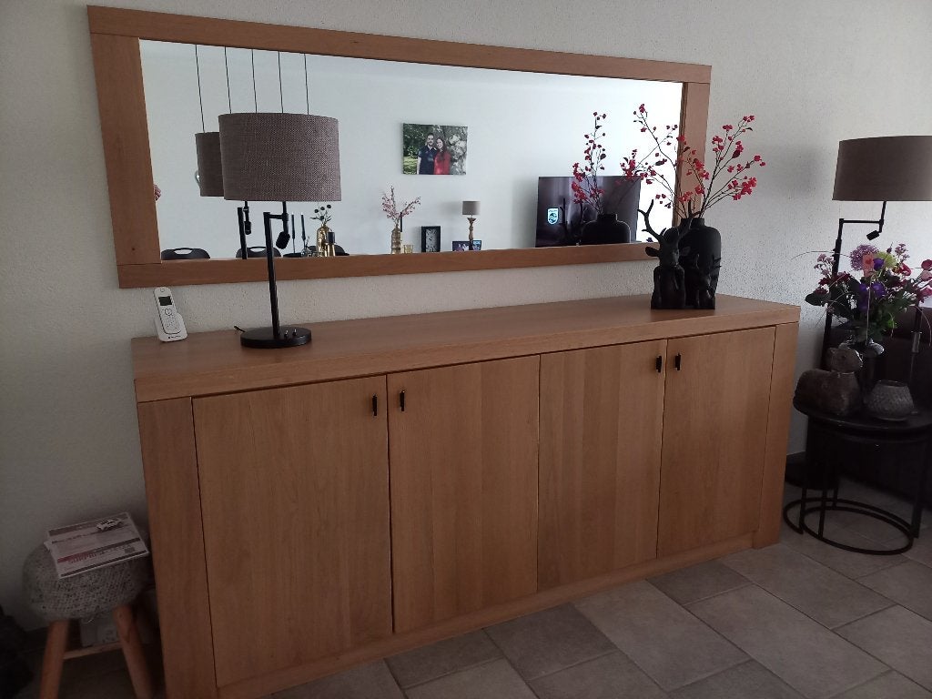 Massief eiken dressoir, spiegel, eettafel & TV-meubel, Huis en Inrichting, Kasten | Televisiemeubels, Gebruikt, Minder dan 100 cm