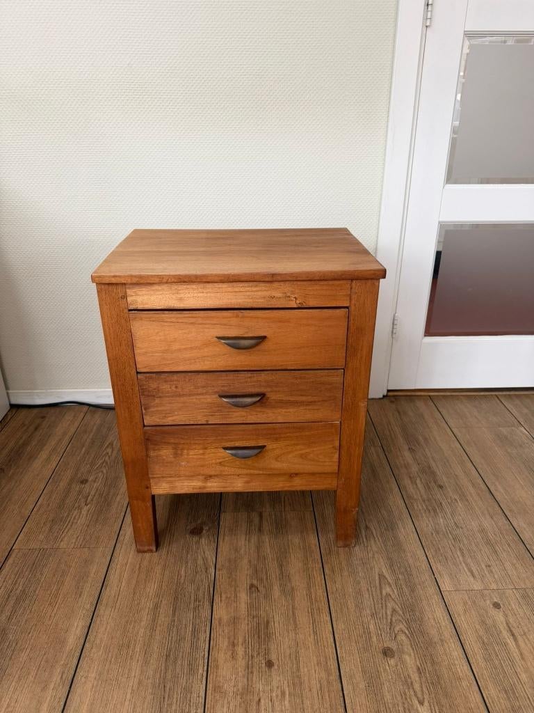 2x massief teakhouten kastjes met 3 lades – set of los, Huis en Inrichting, Kasten | Televisiemeubels, Ophalen, Teakhout, 50 tot 100 cm