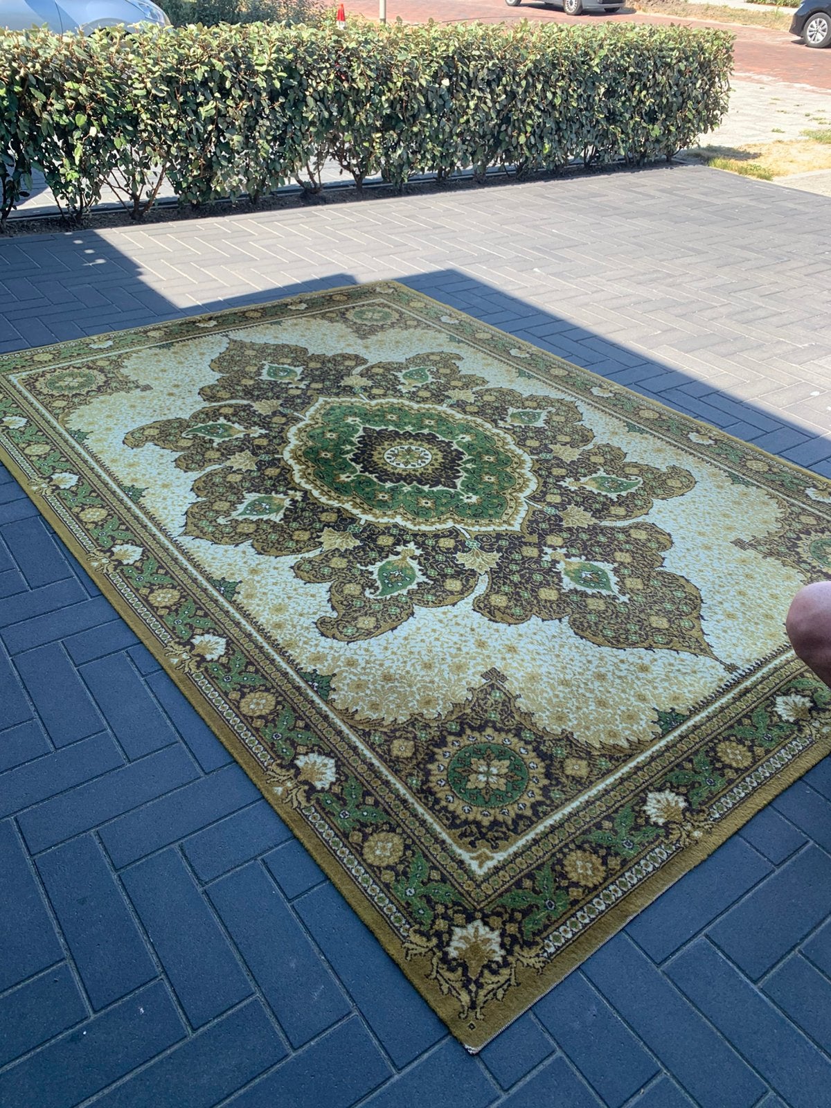 Prachtig Sfeervol Groen Vintage Vloerkleed Zuiver Scheerwol., Ophalen, Zo goed als nieuw, Rechthoekig, 200 cm of meer