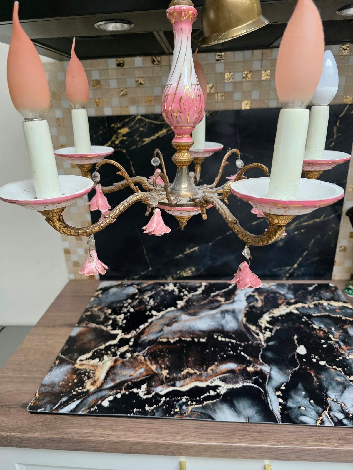 Vintage Kroonluchter Roze en Goud, Ophalen