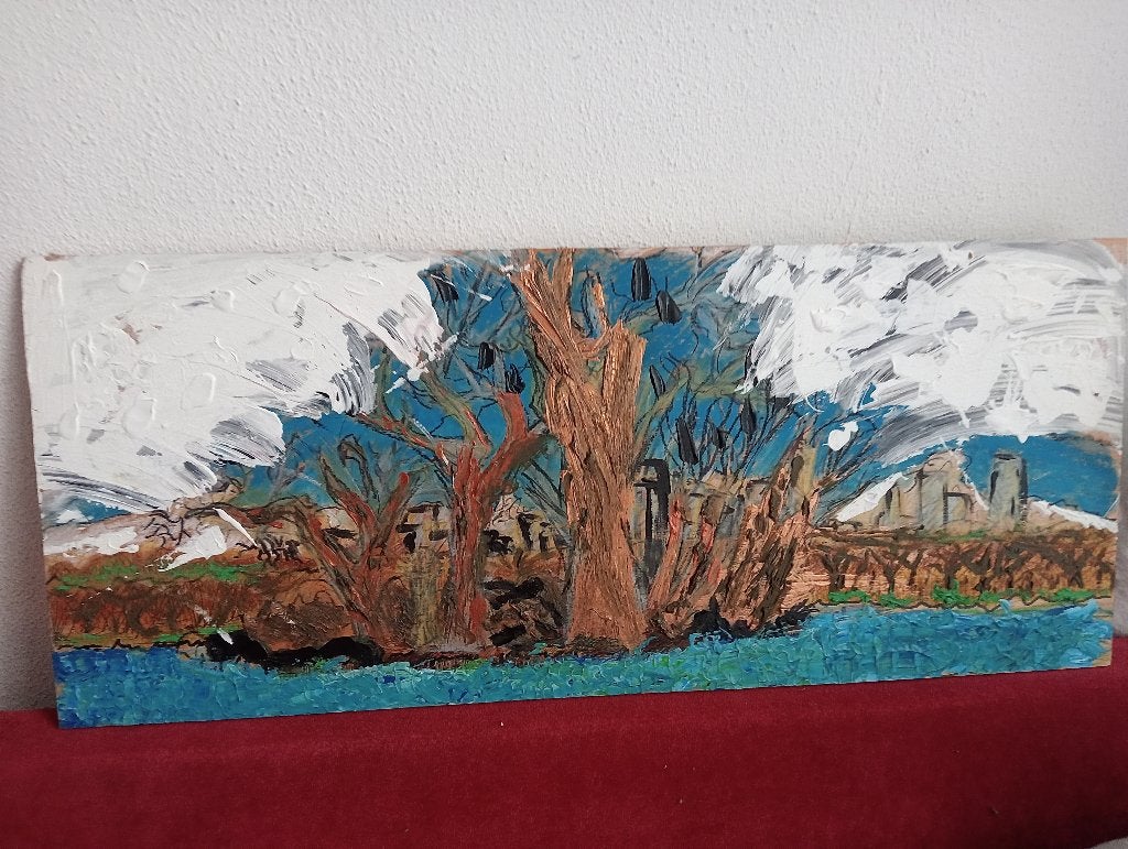 Abstract landschap met bomen en water, Antiek en Kunst, Landschap, Hout, Gesigneerd, Ophalen of Verzenden