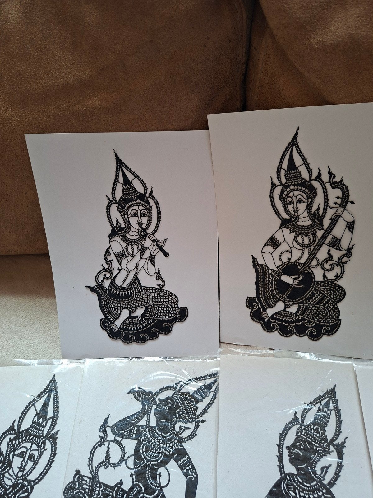 Set van 8 Thaise schaduwpoppen / wanddecoratie, Wanddecoratie, Handgemaakt, Papier/karton, Overige herkomsten