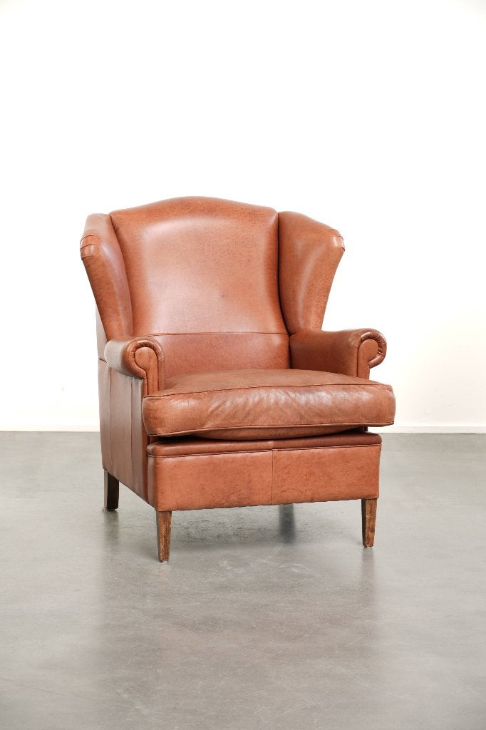 Licht cognac kleurige oorfauteuil van rundleer, Ophalen, Gebruikt, ., Engels, Klassiek