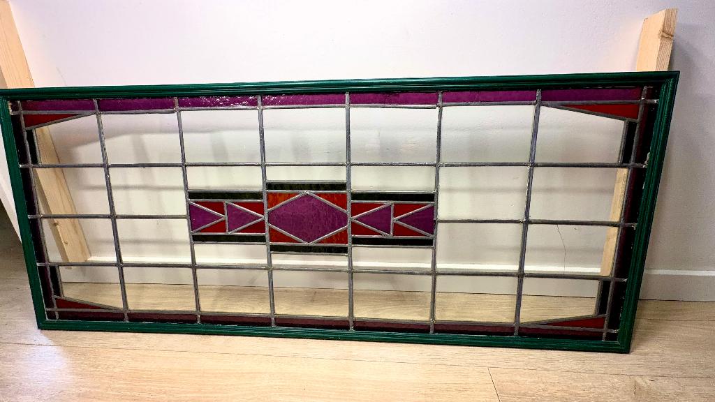 Art Deco glas-in-lood raam (ca.1920) houten lijst 56x135cm, Ophalen, Gevelraam of Ruit, Gebruikt, 120 tot 160 cm