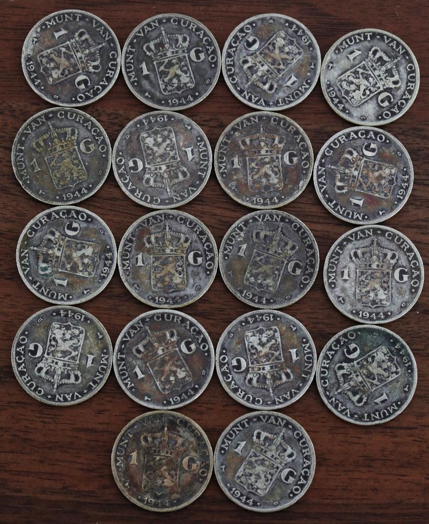 Zilveren gulden Wilhelmina Curaçou 1944 18 stuks, 1 gulden, Zilver, Koningin Wilhelmina, Verzenden