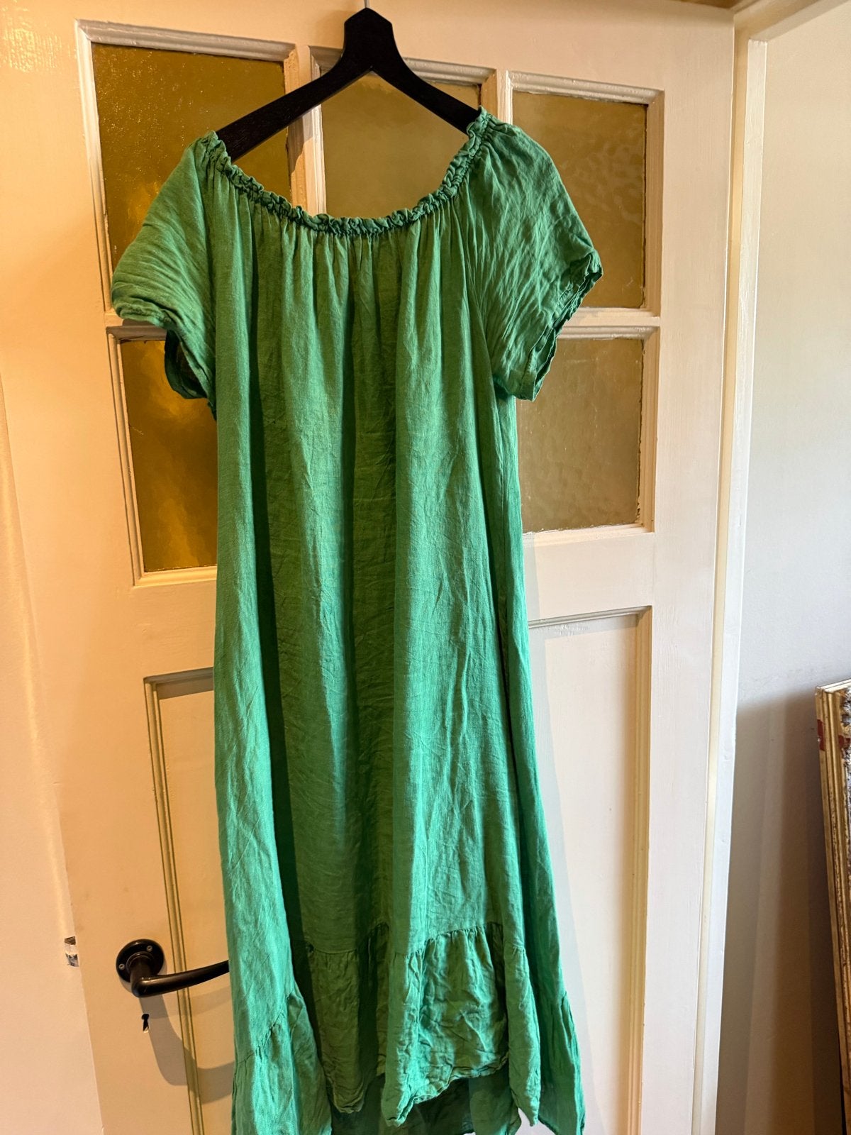 Groene linnen jurk met zakken, maat L, Maat 42/44 (L), Ophalen of Verzenden, Zo goed als nieuw, Onder de knie