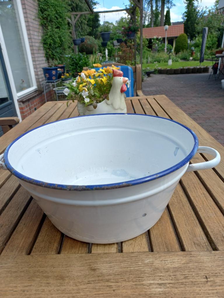 Vintage geëmailleerde teil / waskom - wit met blauwe rand, Ophalen of Verzenden