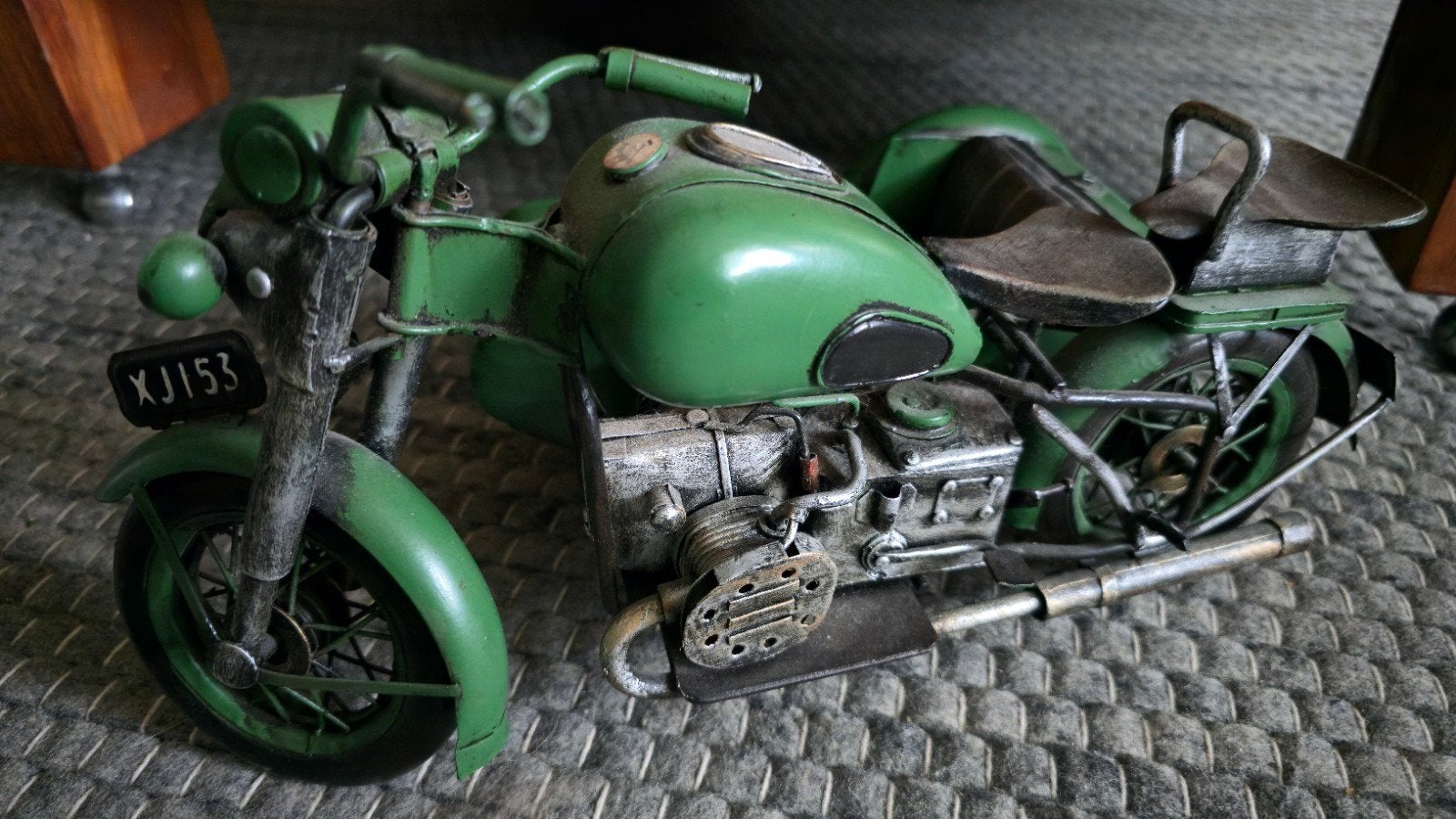 Vintage Groene Motor met Zijspan Model - Decoratie, Overige merken, Gebruikt, Ophalen of Verzenden, Groter dan 1:32