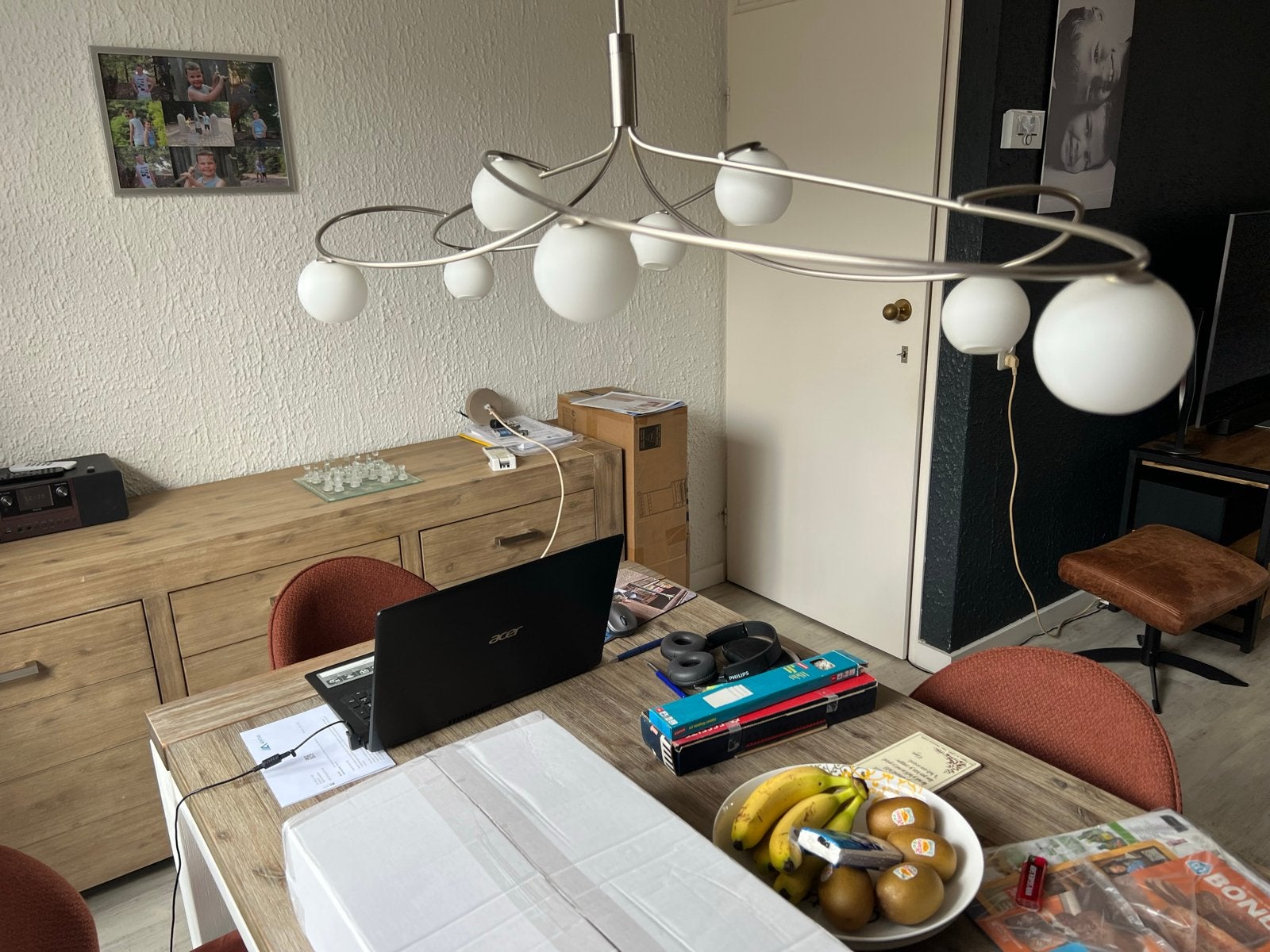 Moderne eetkamerlamp met 8 bollen, in hoogte verstelbaar, Ophalen of Verzenden, Gebruikt, Metaal, Overige fittingen