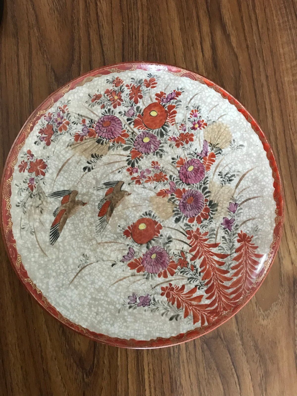 Antiek Japans Satsuma Aardewerk Bord met Vogels en Bloemen, Ophalen