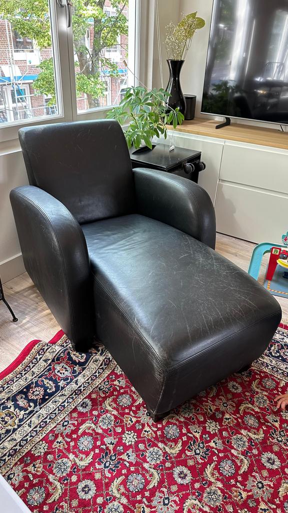 Leren chaise longue, ontwerp Jan des Bouvrie, Huis en Inrichting, Fauteuils, Ophalen, Leer, Zo goed als nieuw, 75 tot 100 cm