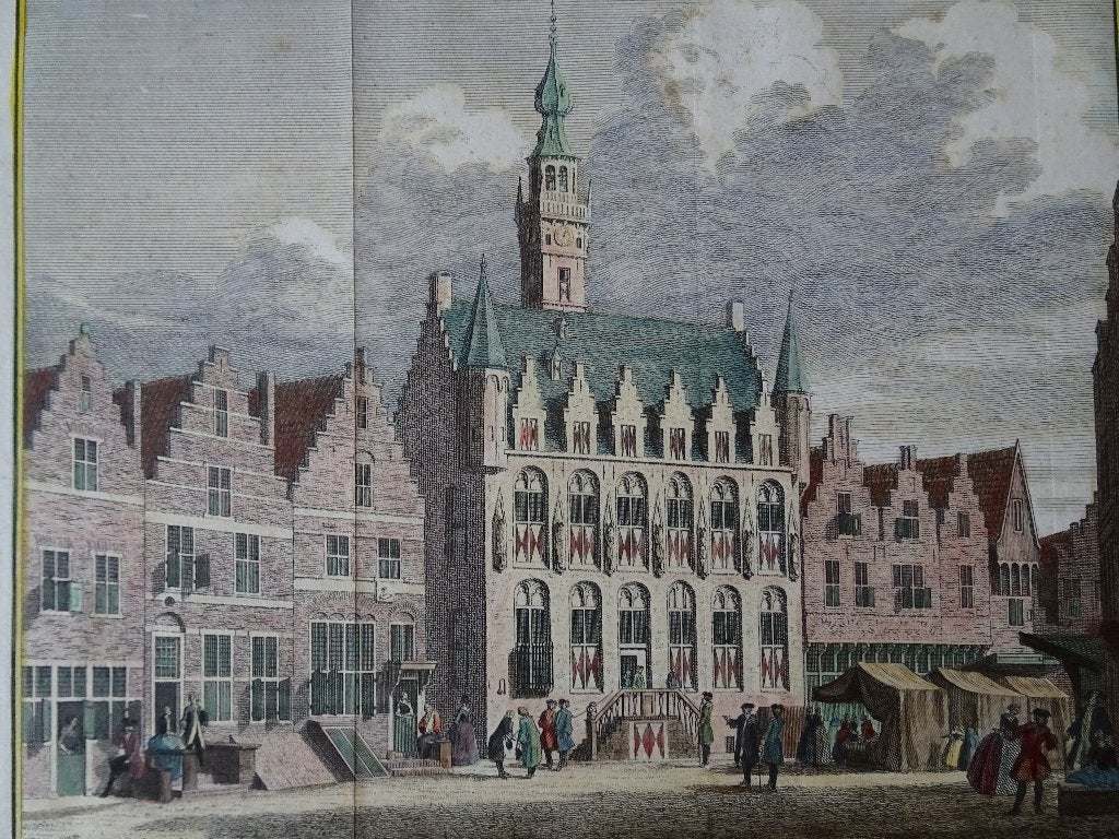 gravure stadhuis Veere, met misdruk, Philips 1747, Verzenden, Stadsgezicht, Gravure, Origineel
