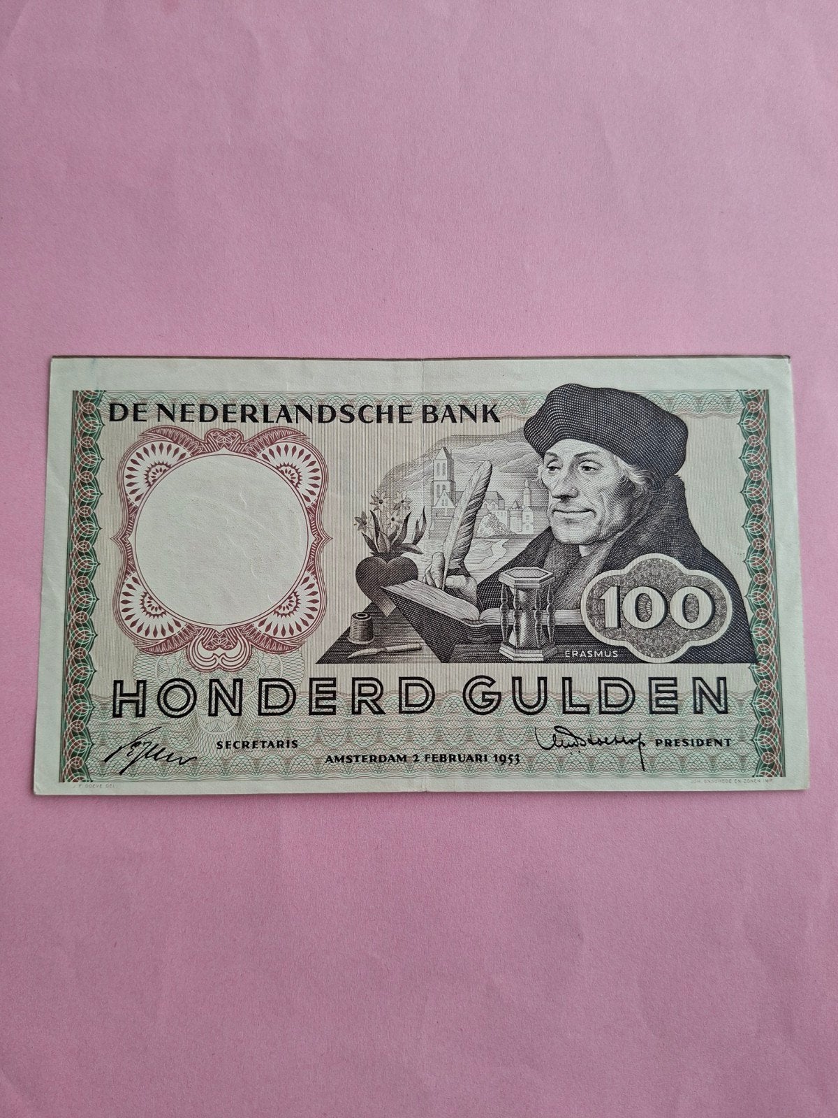 100 gulden Erasmus invulserie + misdruk  uit 1953 in PR
Seri, Ophalen of Verzenden, 100 gulden, Los biljet