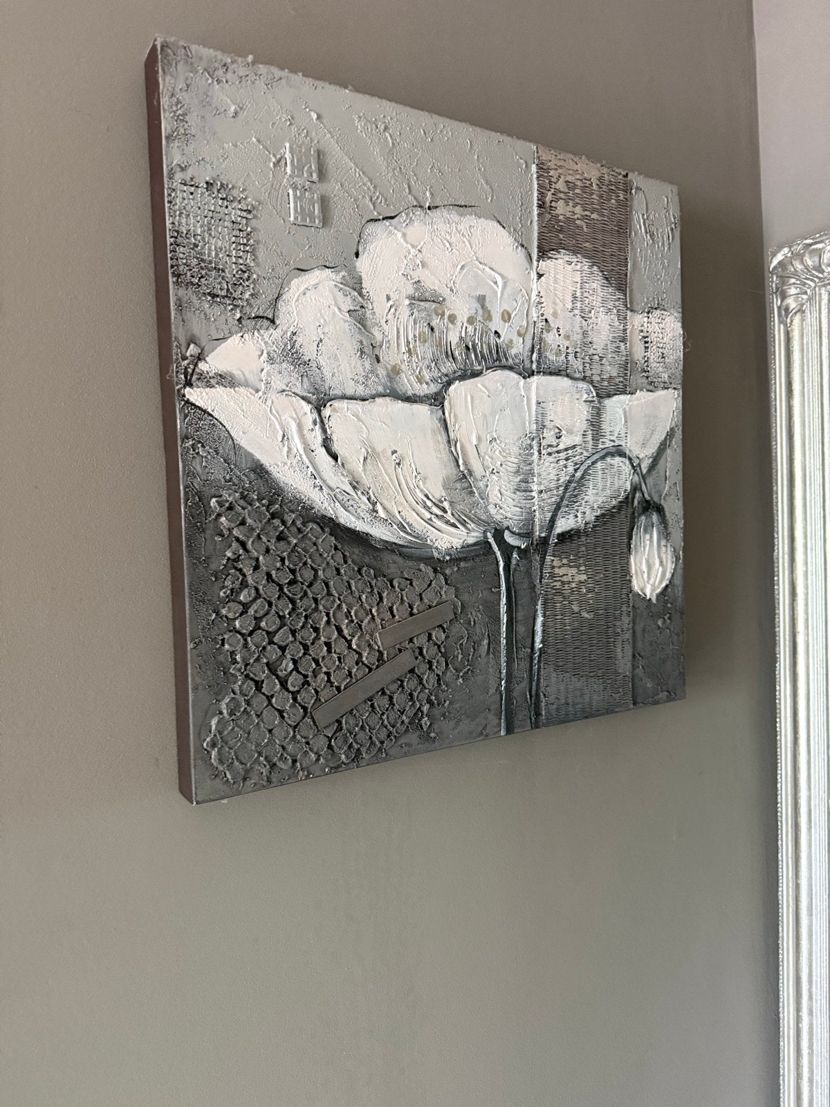 Set van 2 mooie schilderijen met bloemen en textuur 60x60, Ophalen, Met textuur, Gemengde techniek, Bloemen