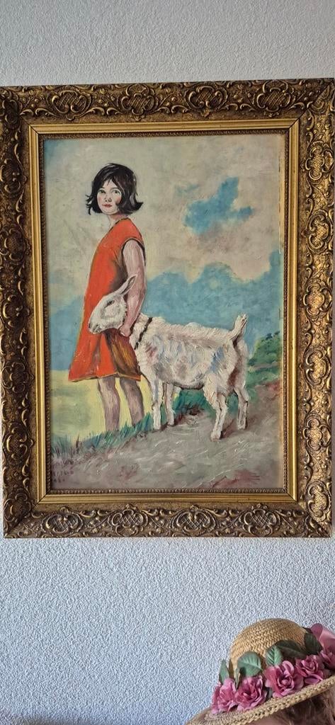 Mooi schilderij meisje met geit, Antiek en Kunst, Kunst | Schilderijen | Klassiek, Ophalen