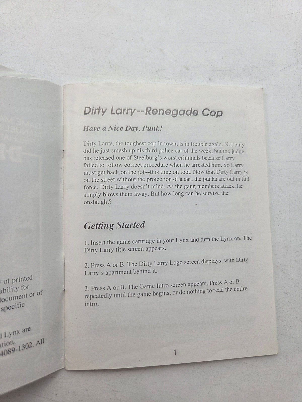 Dirty Larry - Renegade Cop handleiding Atari Lynx, Spelcomputers en Games, Games | Atari, Avontuur en Actie, 1 speler, Ophalen of Verzenden