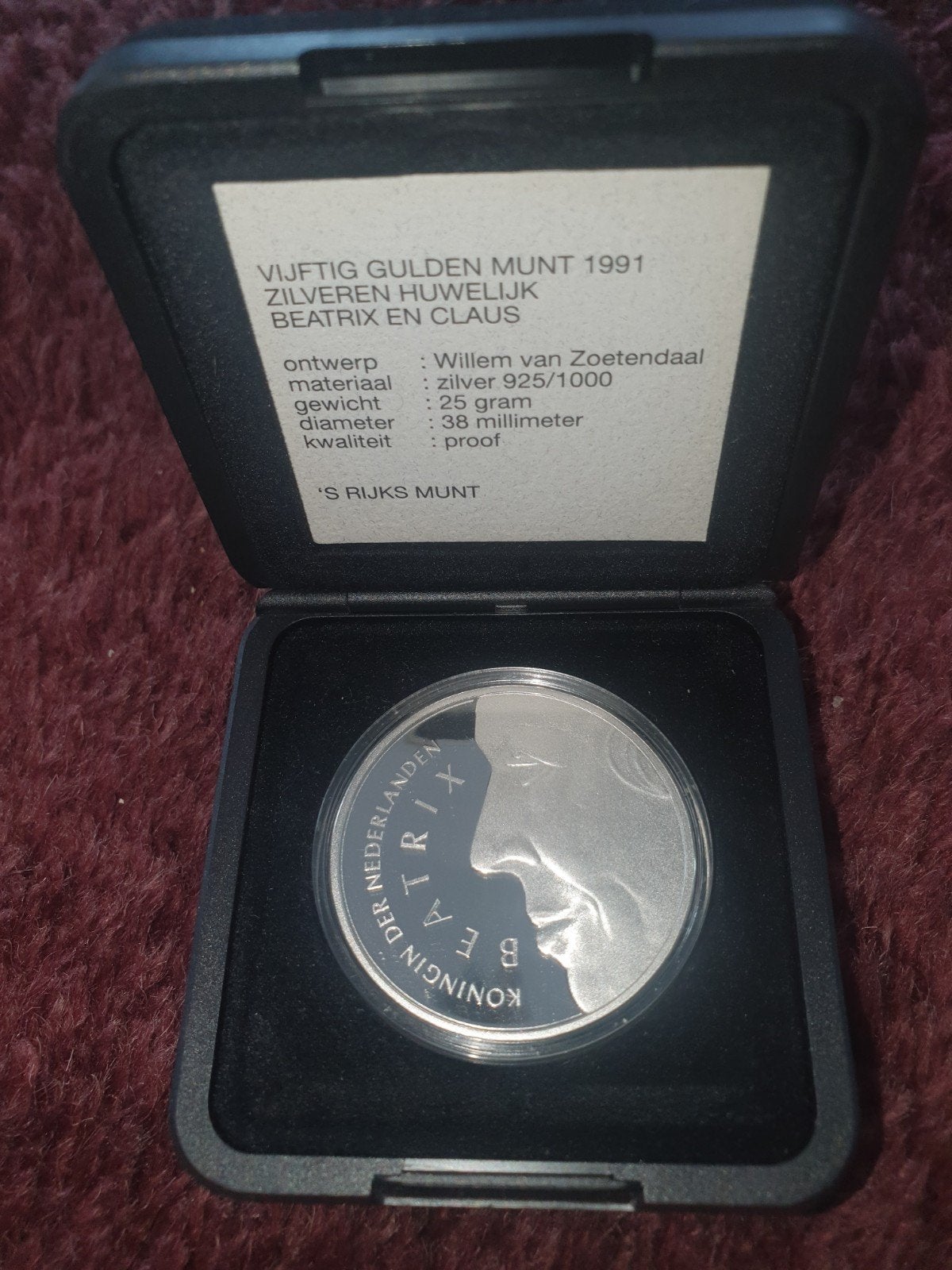 Zilveren 50 Gulden Proof Munt 1991 Huwelijk Beatrix & Claus, Postzegels en Munten, Munten | Nederland, Ophalen of Verzenden, Koningin Beatrix