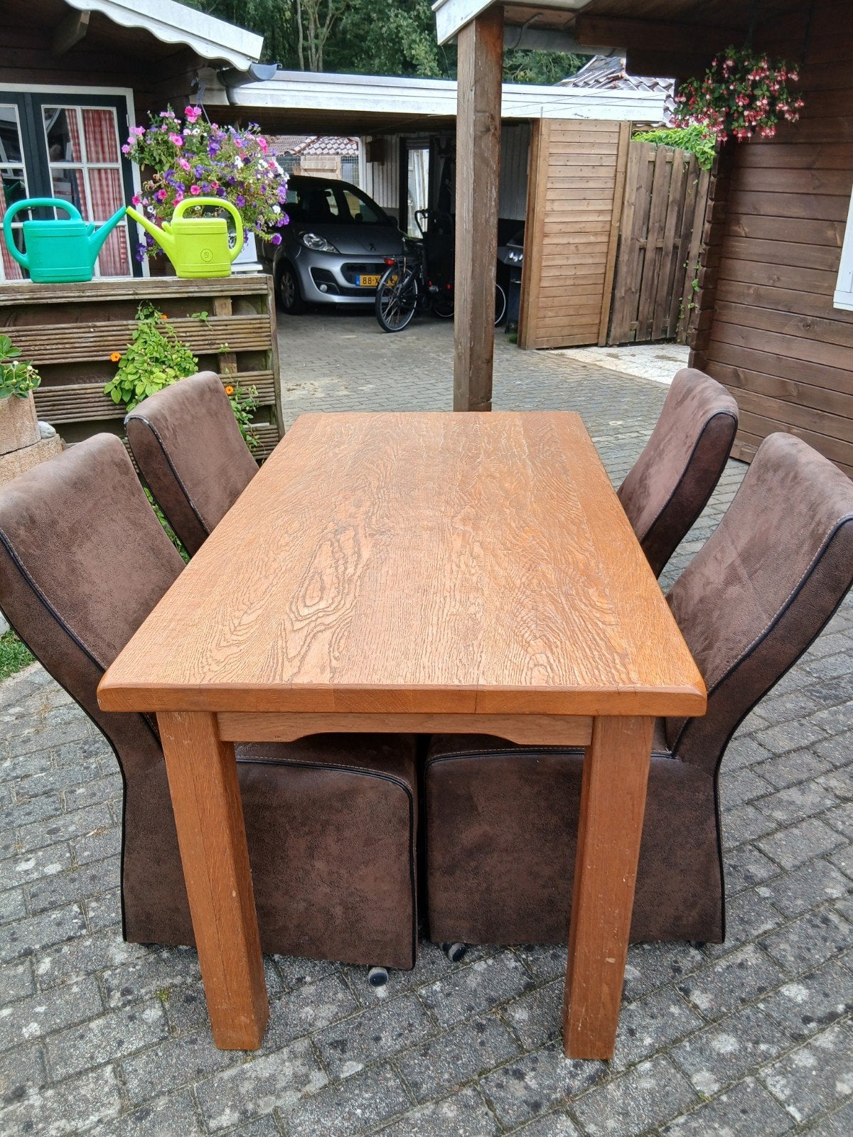 Eikenhouten eettafel met 4 stoelen, Ophalen, Gebruikt, Klassiek, Robuust, 50 tot 100 cm