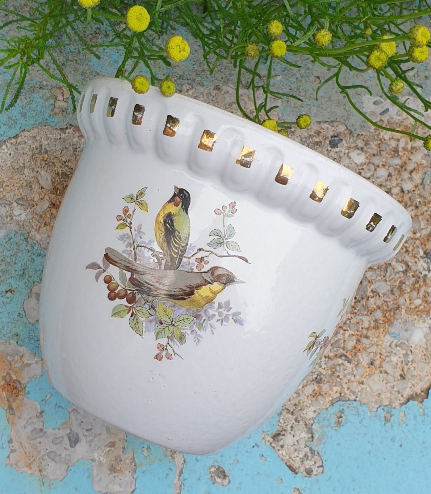 Vintage Frankton Tegelen Holland cachepot vogels, Gebruikt, Rond, Ophalen of Verzenden, Balkon