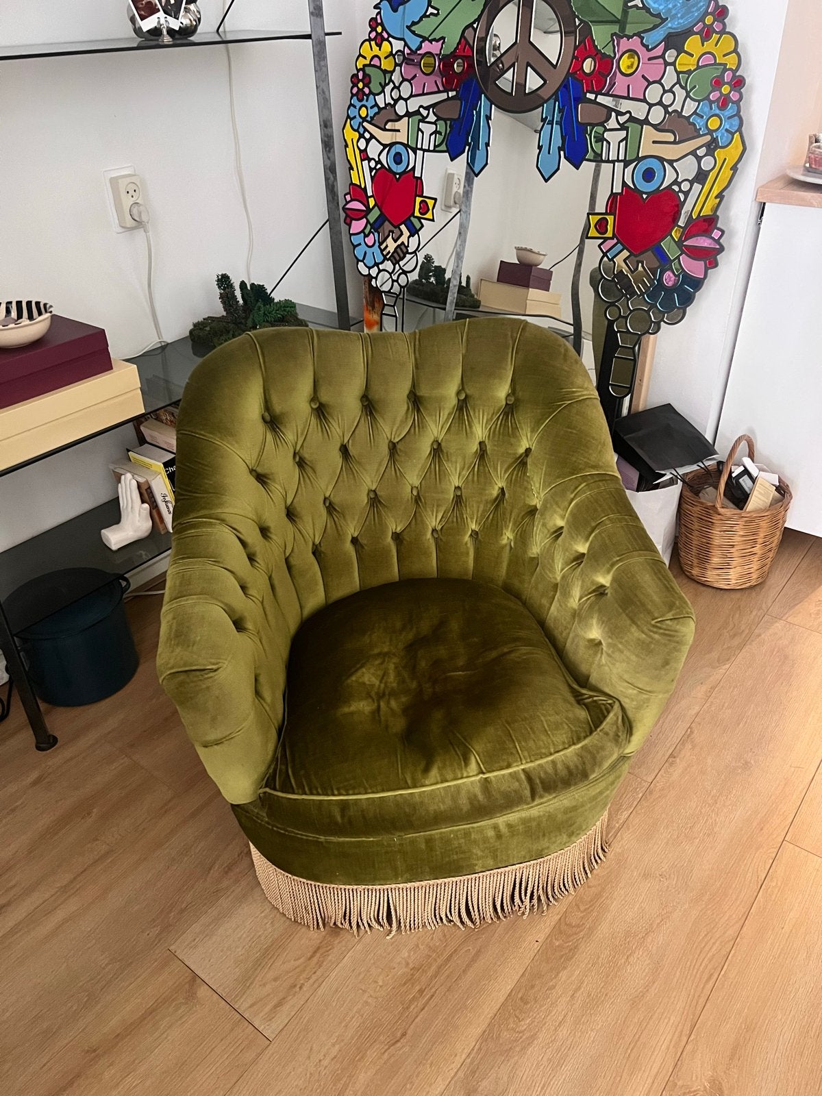 Vintage fauteuil - Groen fluweel met franjes, Huis en Inrichting, Fauteuils, Ophalen, Gebruikt, Stof