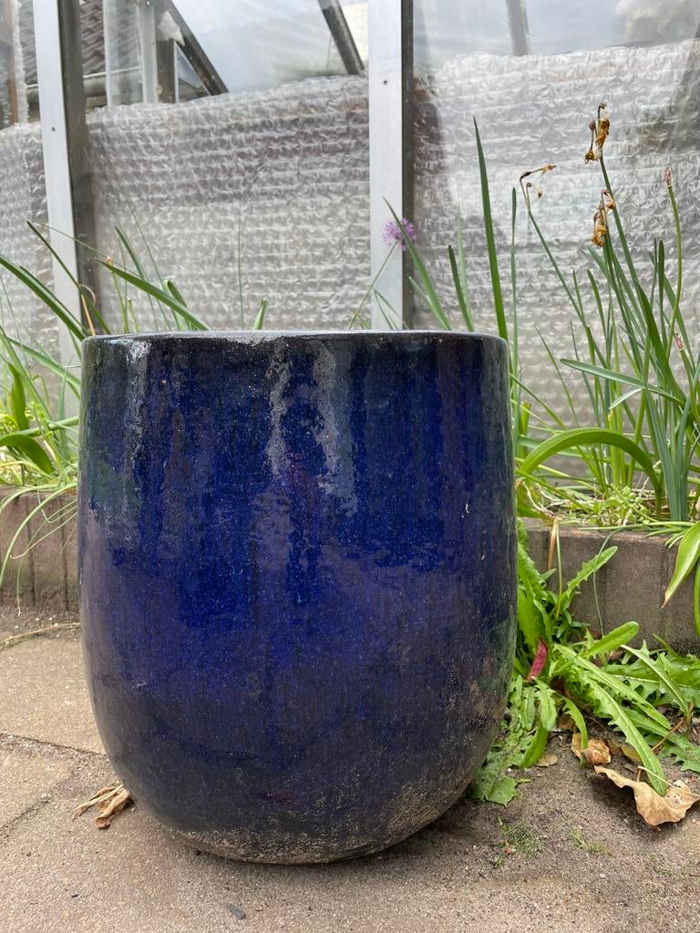 Bloempot blauw geglazuurd, Tuin en Terras, Bloempotten, Rond, Zo goed als nieuw, Minder dan 40 cm, Aardewerk