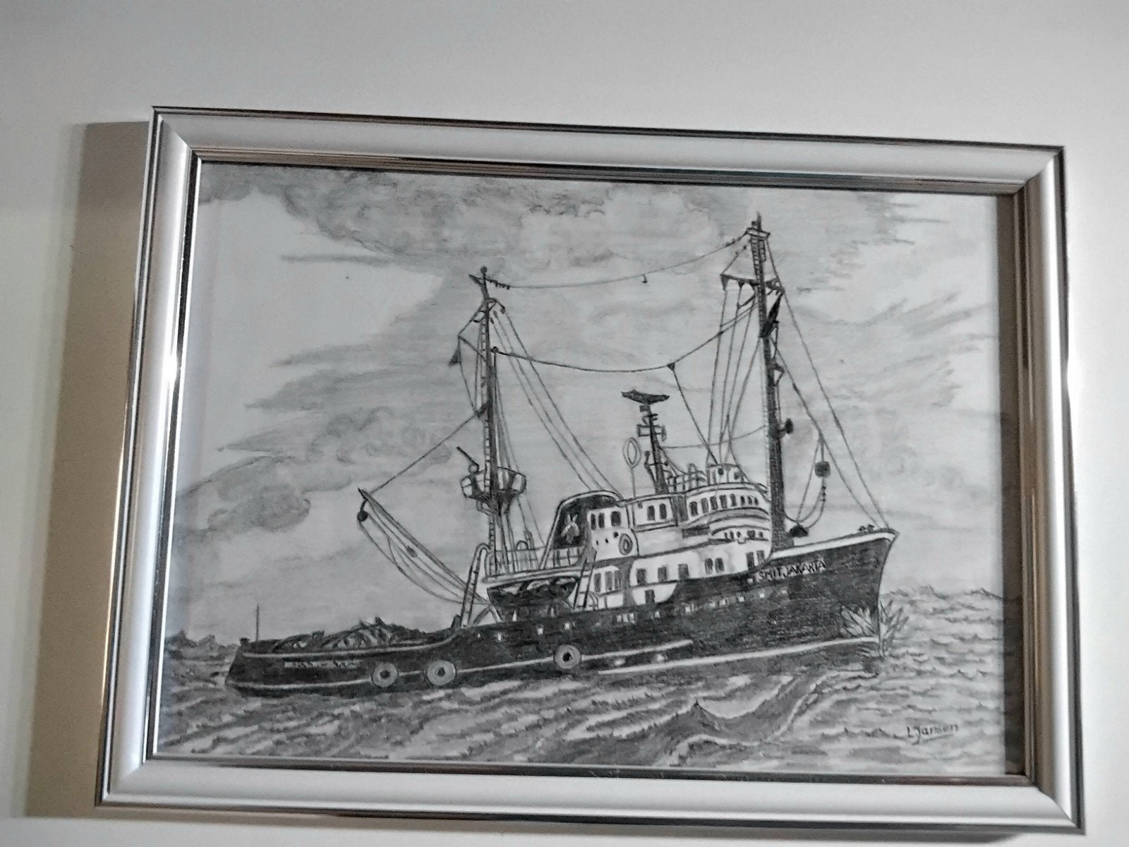 Potloodtekening van sleepboot Smit Jakarta, gesigneerd, Ophalen