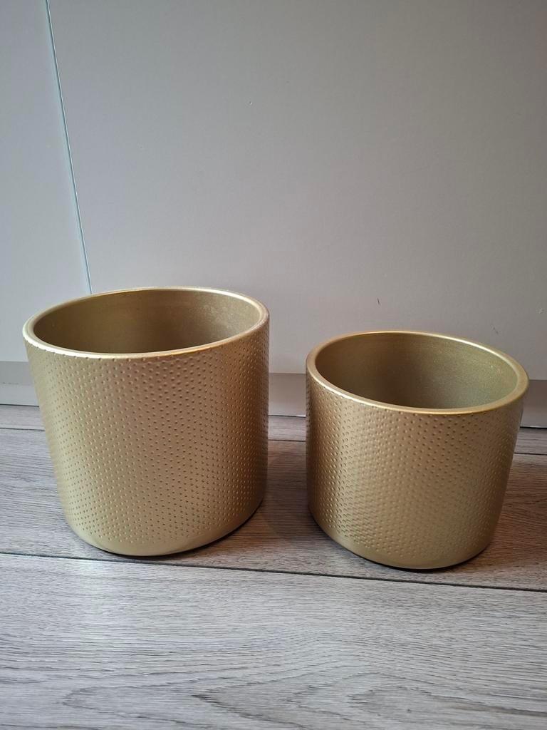2 zware gouden plantenpotten in verschillende maten, Tuin en Terras, Bloembakken en Plantenbakken, Ophalen