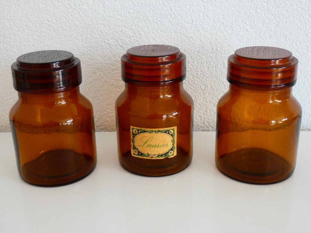 Vintage voorraad of kruidenpotten, bruin glas, 3 stuks, Ophalen of Verzenden