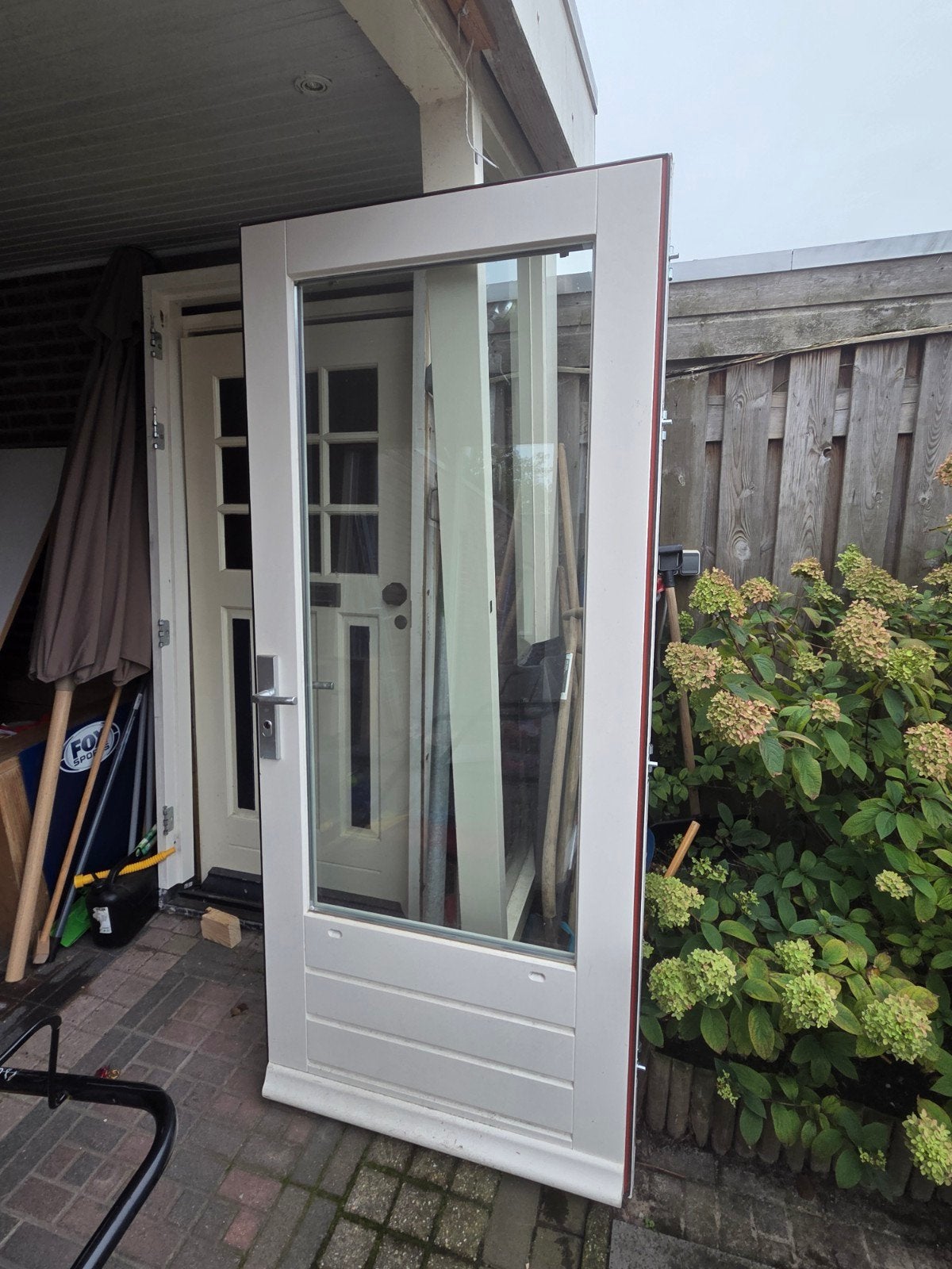 Degelijke houten buiten deur met dubbel glas en kunststof do, Gebruikt, 80 tot 100 cm, 215 cm of meer, Ophalen of Verzenden