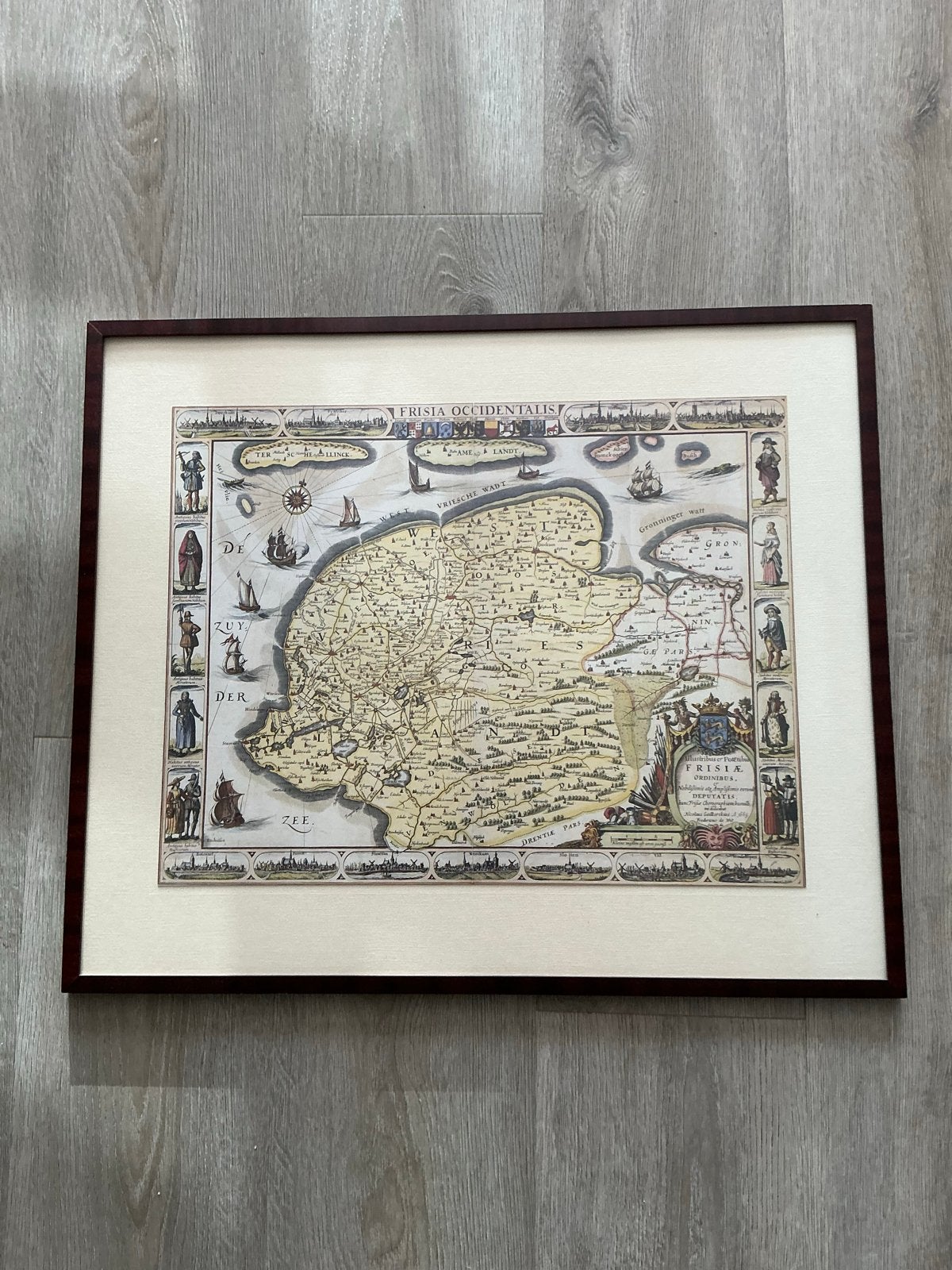 Landkaart Friesland met klederdrachten, ingelijst, Ophalen of Verzenden, 1800 tot 2000, Nederland, Landkaart