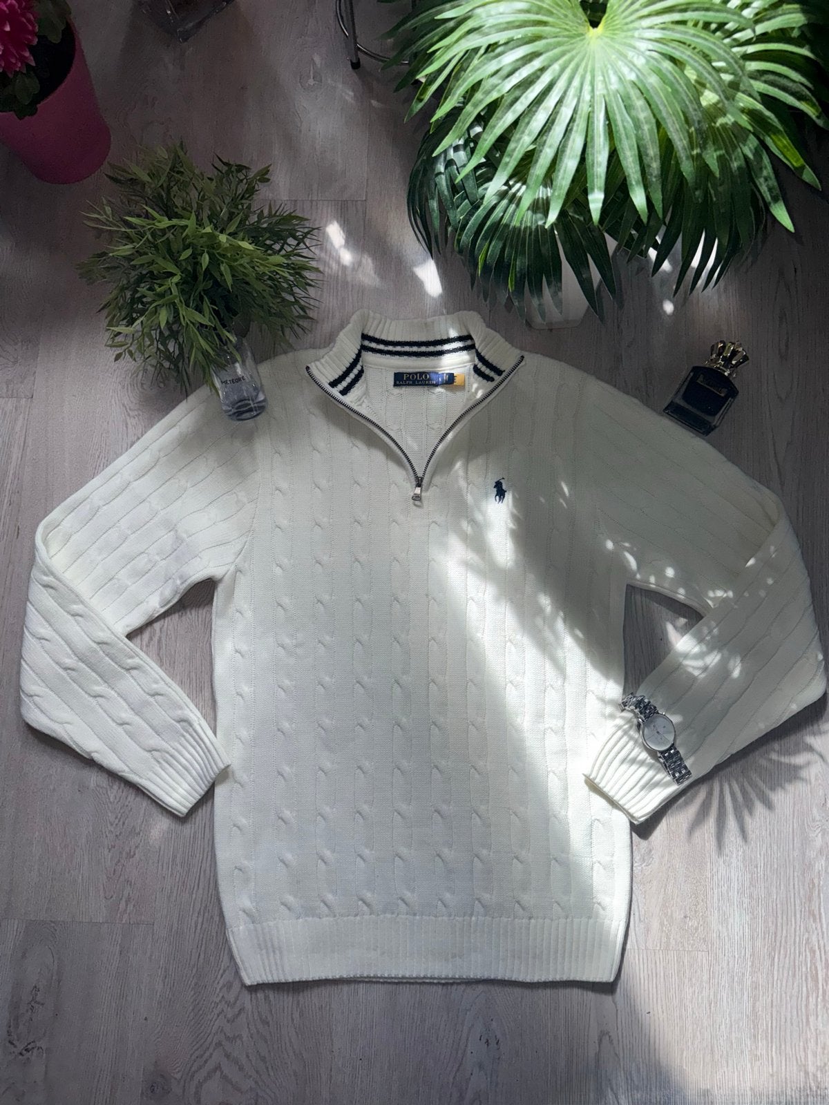 Ralph Lauren kabelgebreide trui met rits, Ophalen of Verzenden, Nieuw, Maat 56/58 (XL), Beige