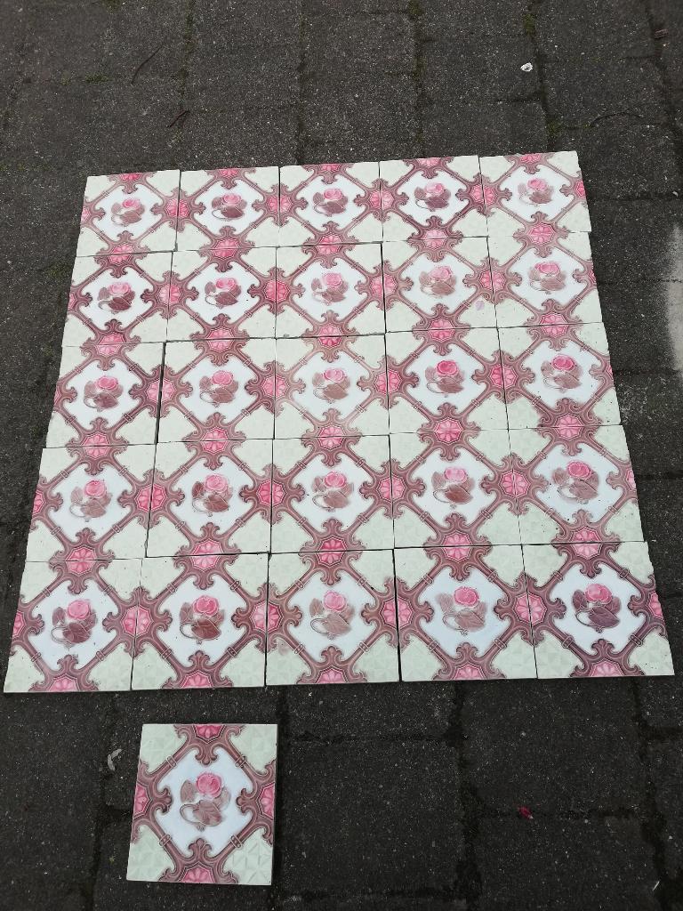 76,5h x 75br Plakaat antieke wandtegels roze/taupe/creme, Ophalen