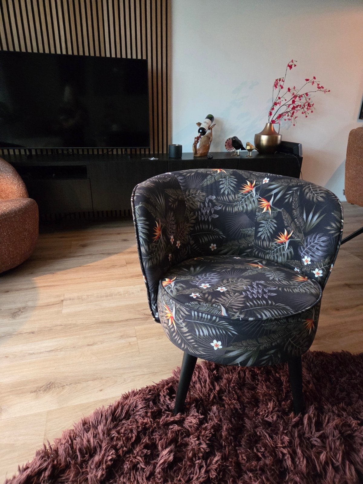 Woood fauteuil met tropische print - Zo goed als nieuw, Huis en Inrichting, Ophalen, Overige kleuren, Tropisch, Modern, Zo goed als nieuw