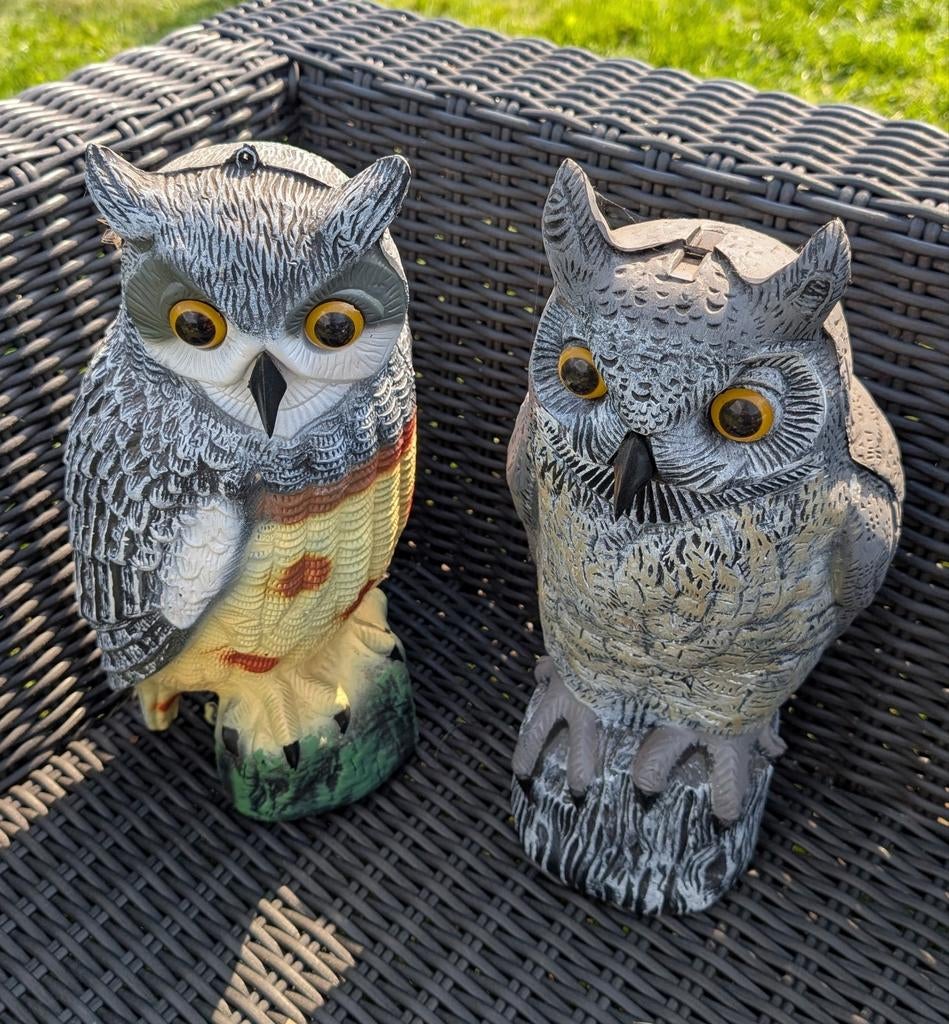 Twee uilen ter decoratie of als vogelverschrikker, Tuin en Terras, Tuinbeelden, Ophalen of Verzenden, Gebruikt, Kunststof, Dierenbeeld