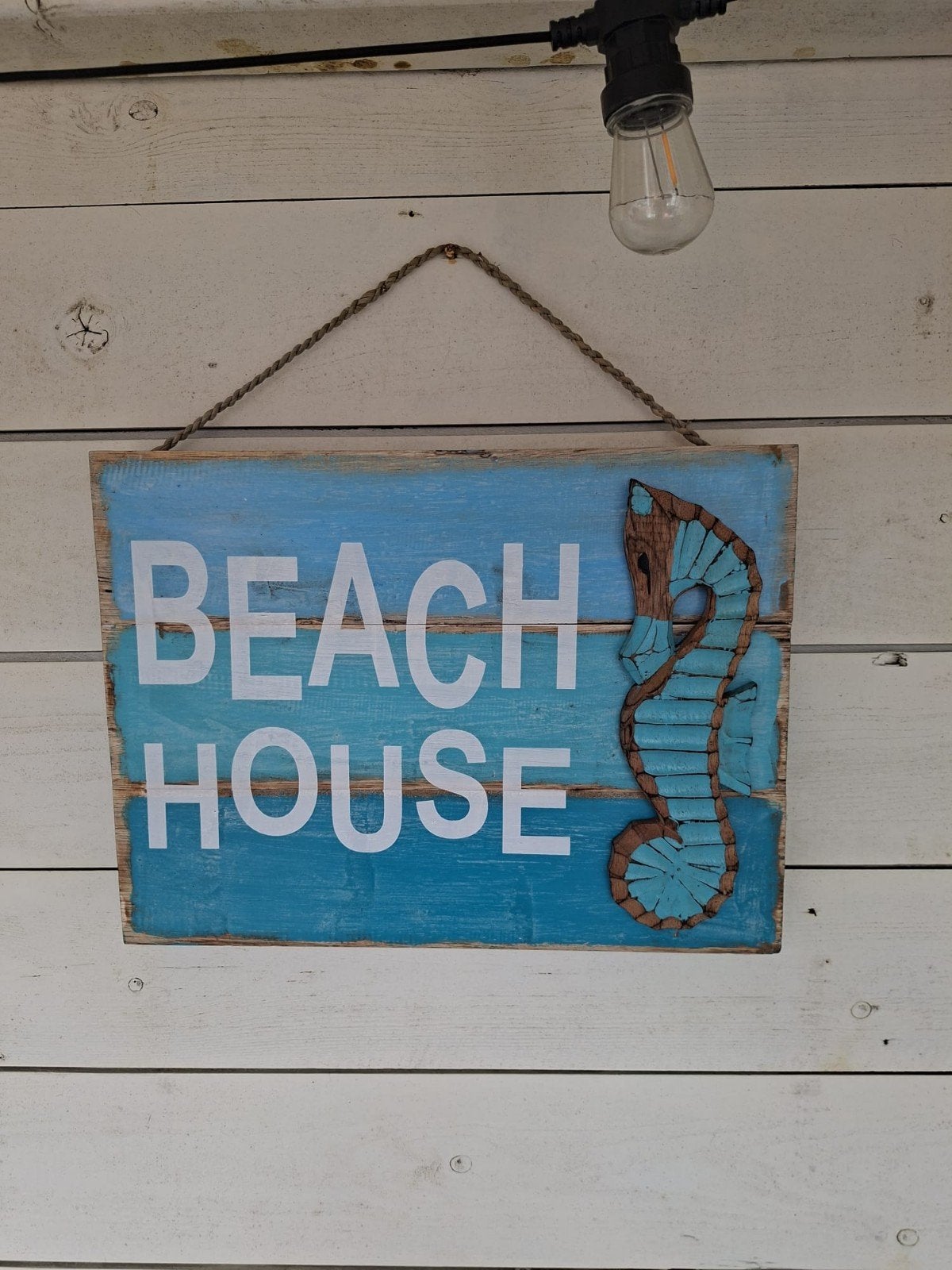 Wanddecoratie Beachhouse met zeepaardje - Handgemaakt Bali, 30 cm, 40 cm, Hout, Nieuw