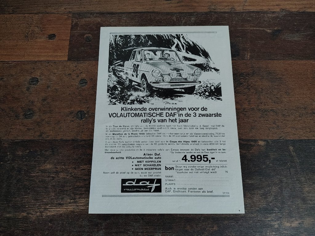 Reclame: DAF 32/ Rallye / Variomatic (1966) 29 x 21 cm, Ophalen of Verzenden, Gebruikt, Auto's