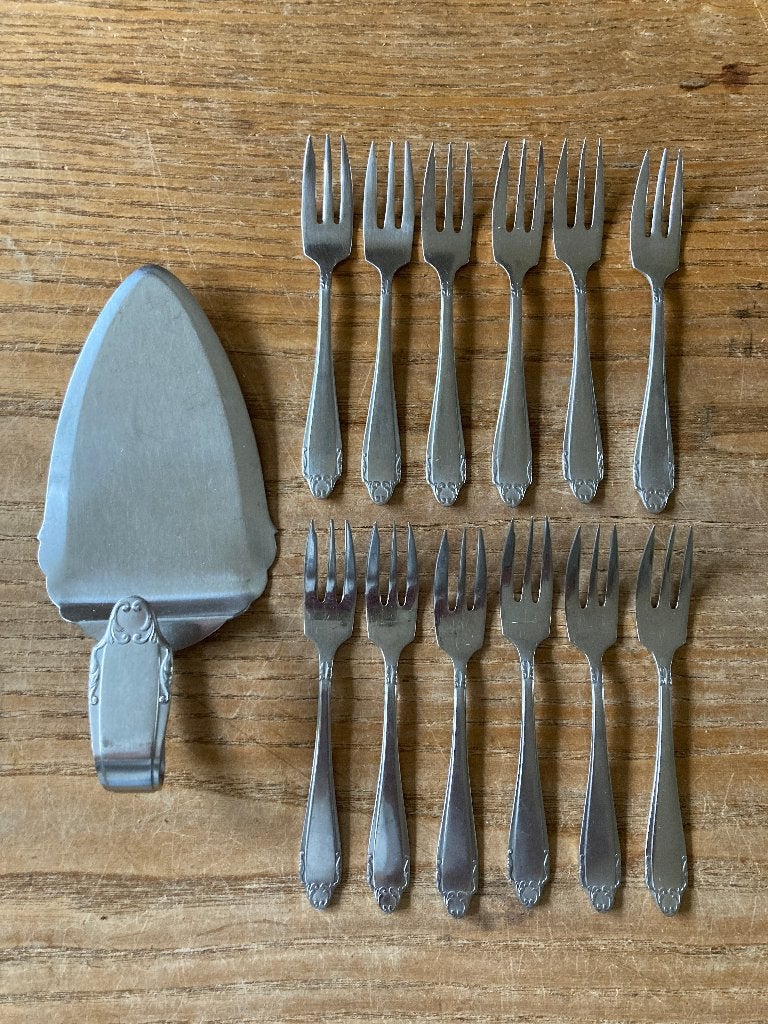 12 Vintage Gero Zilmeta 763 gebaksvorkjes + taartschep, Ophalen of Verzenden