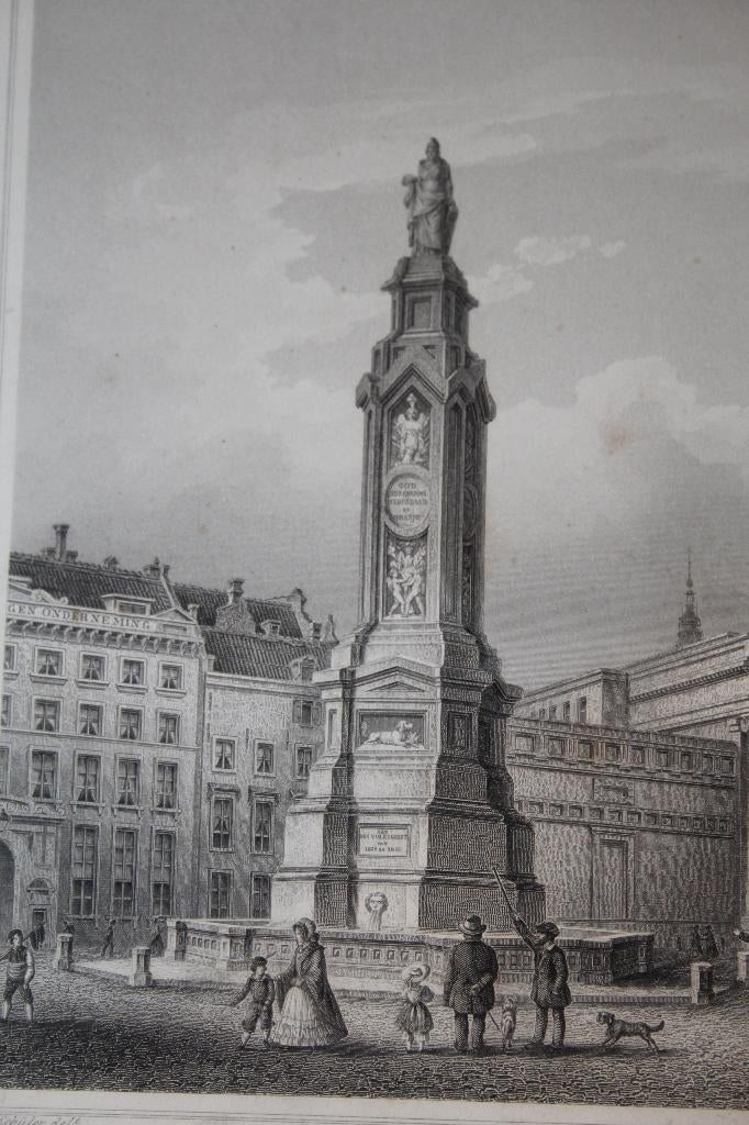 19e eeuwse ets (?) Monument Amsterdam, Antiek en Kunst, Kunst | Etsen en Gravures, Ophalen of Verzenden