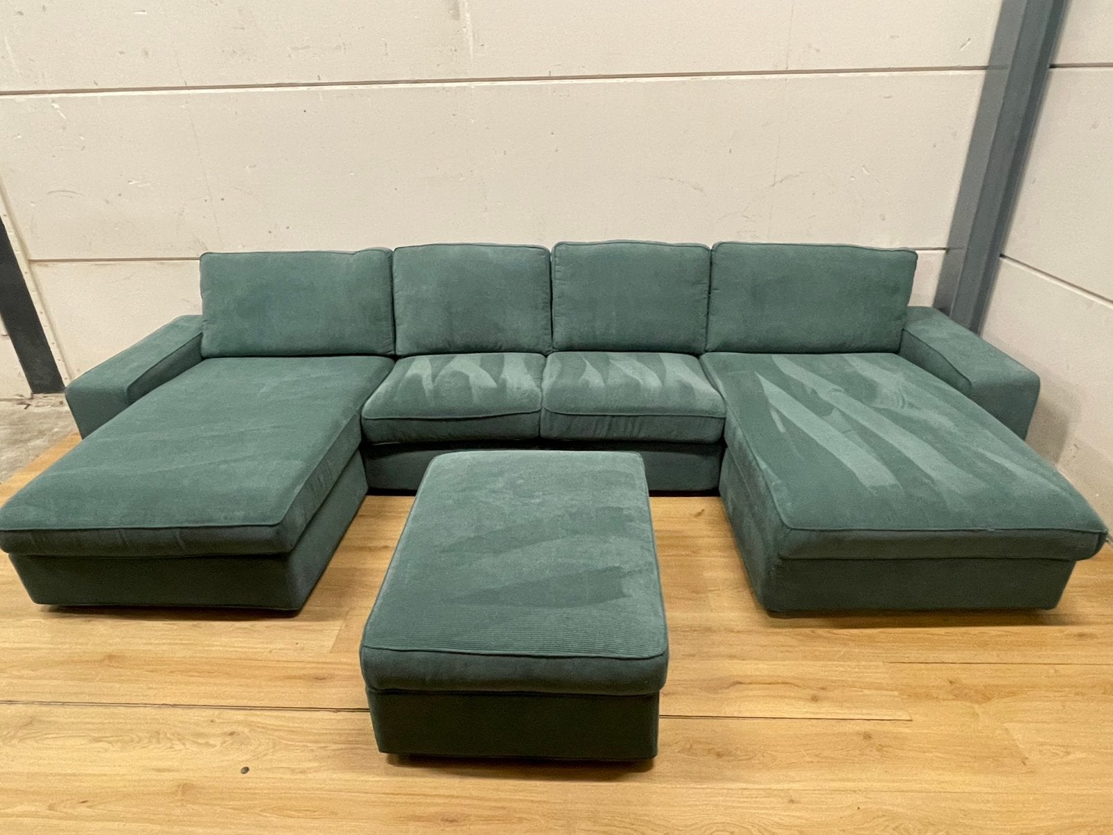 Mooie luxe groen blauwe ribstof u bank met hocker GEREINIGD!, Ophalen, Luxe, Hoekbank, 300 cm of meer