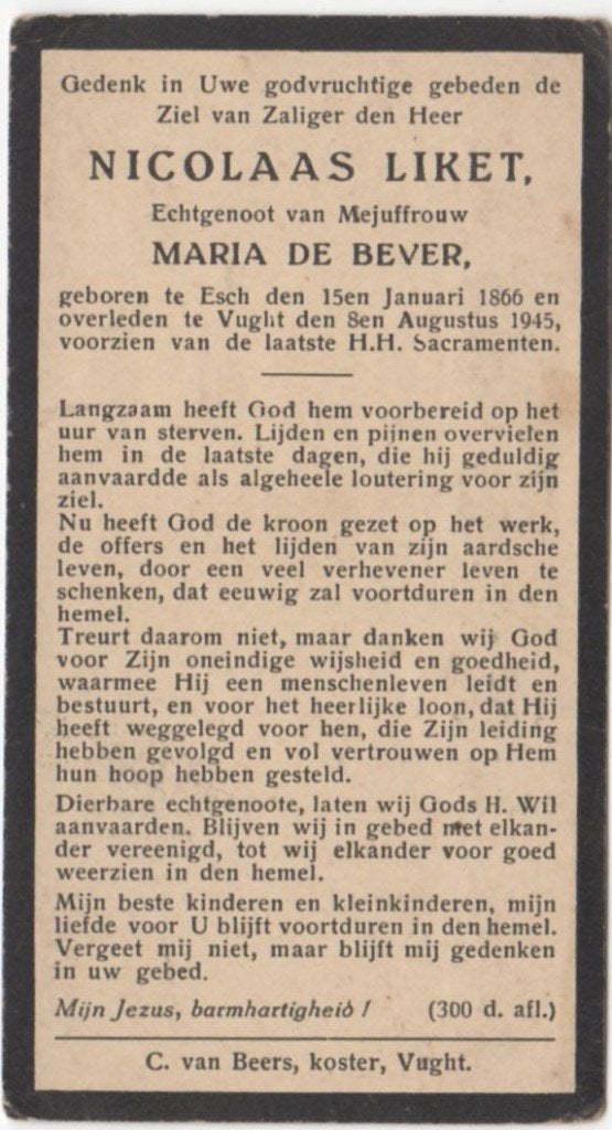 Nicolaas Liket 1866 Esch + 1945 Vught, 79 jaar oud, Ophalen of Verzenden
