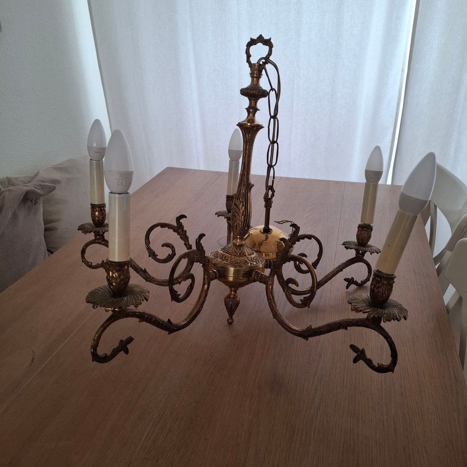 Vintage Messing Kroonluchter met 5 Armen - Klassiek Design, Ophalen, Gebruikt, Klassiek, Vintage, Barok, E14 (klein)