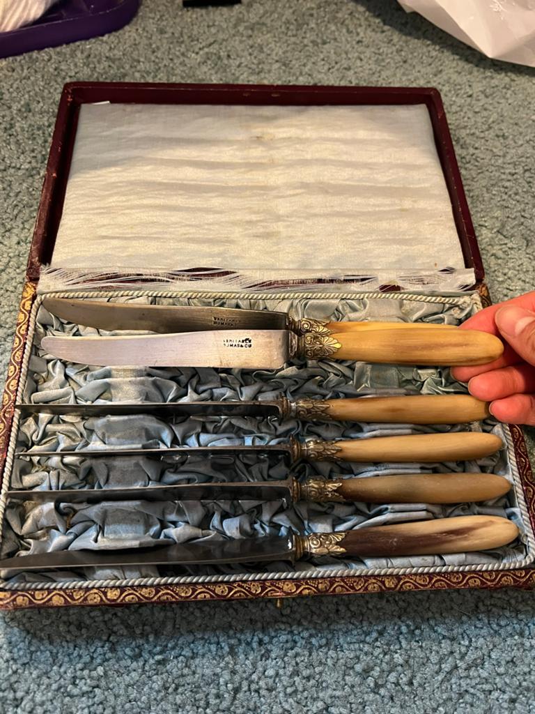 Antieke vintage bestek 6 messen in originele doos, Ophalen of Verzenden