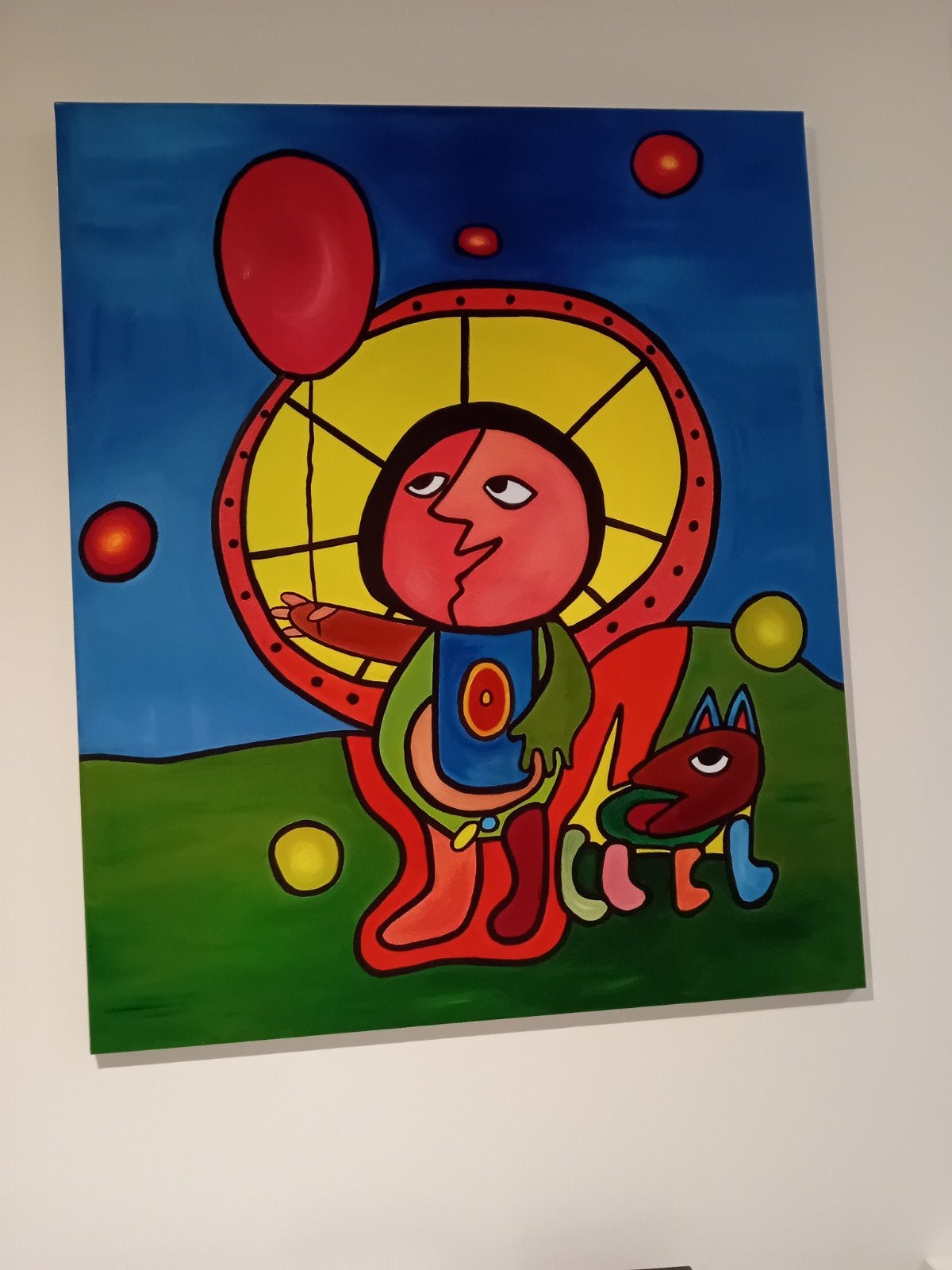 Modern kleurrijk schilderij met figuur en hond, Op houten frame, Ophalen of Verzenden, Textiel, Figuren