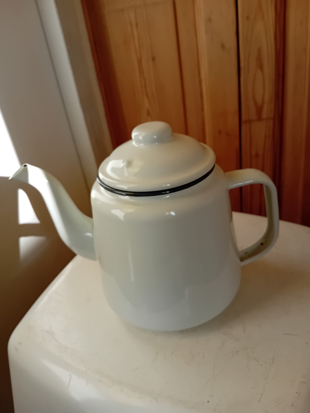 Vintage emaille theepot met grijze bies, Ophalen