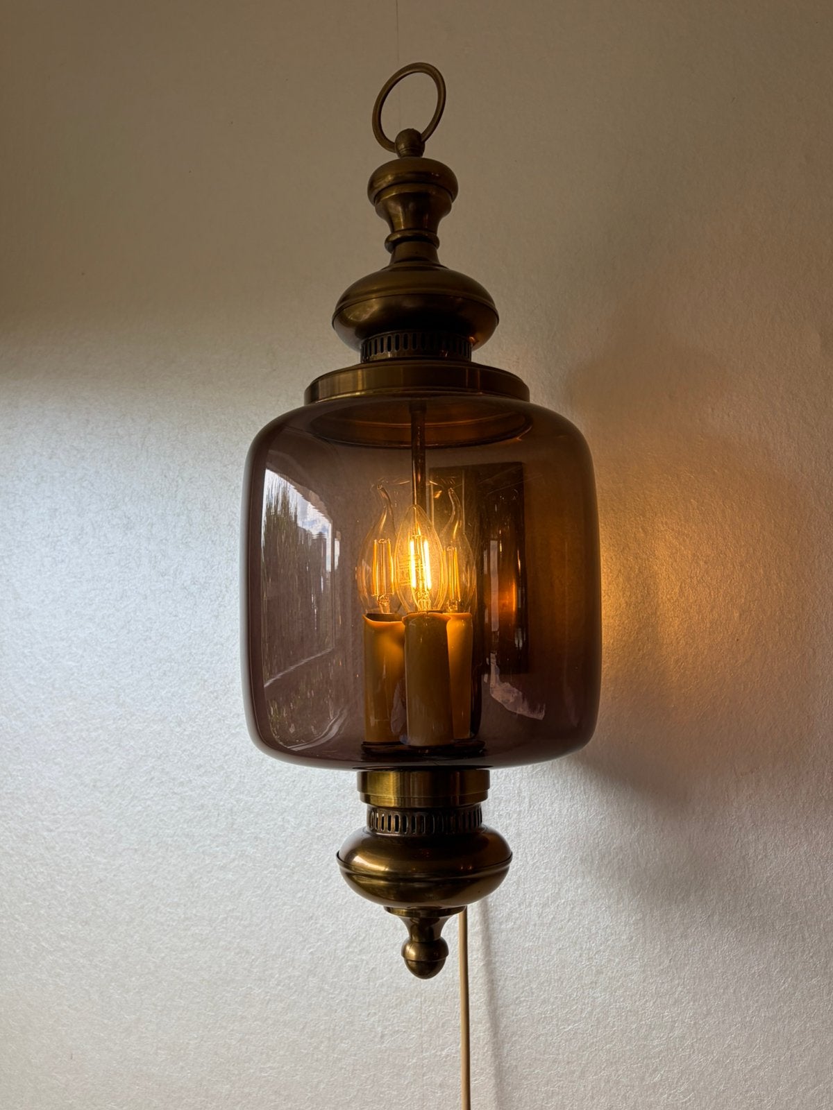 Vintage Wandlantaarn Messing & Rookglas (Jaren '70), Ophalen, Gebruikt, E14 (klein), Glas
