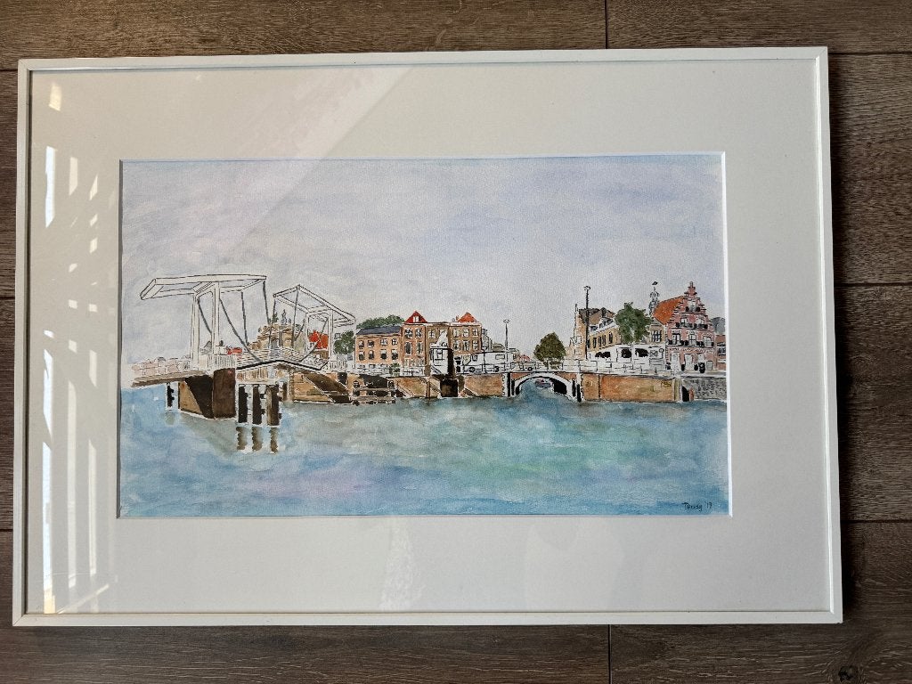 Aquarel Spaarne, Haarlem, Ophalen of Verzenden, 66 cm, 1700 - 1799, 46 cm