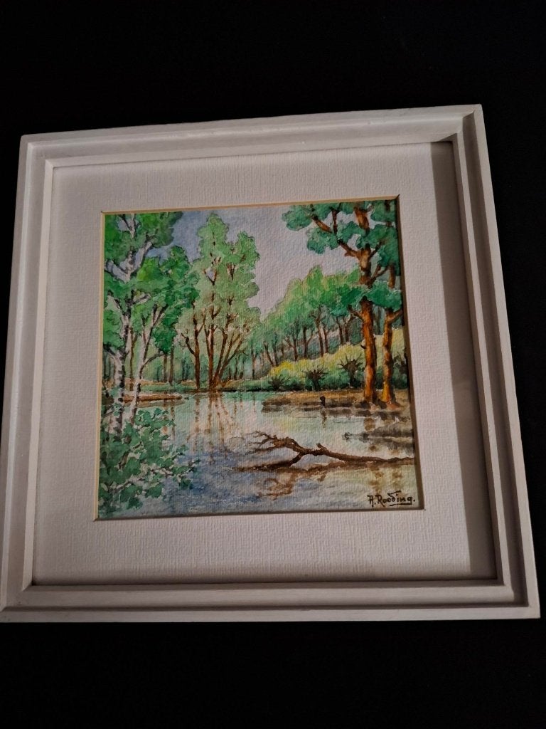 Schilderijtjes Aquarel, A. Rooding, Ophalen of Verzenden, Ophangklaar, Aquarel, Landschap