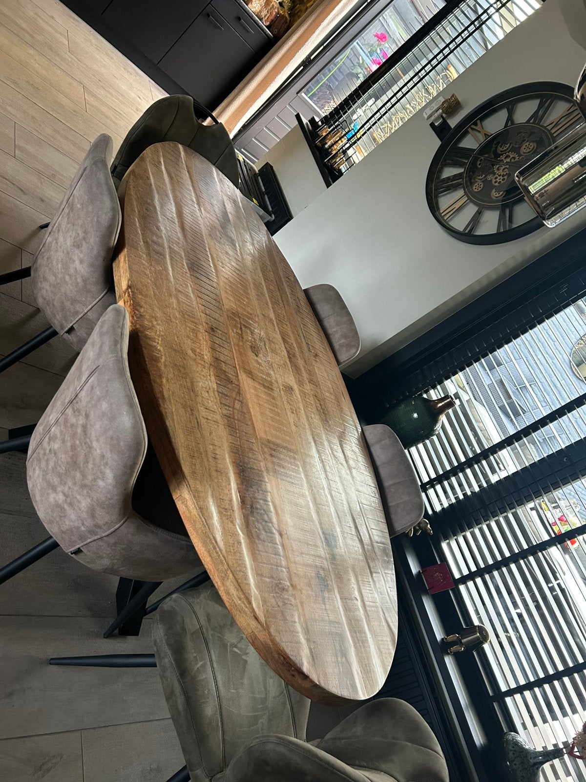 Mango hout eettafel met kruispoot, Ophalen of Verzenden, Zo goed als nieuw, Rond, 100 tot 150 cm