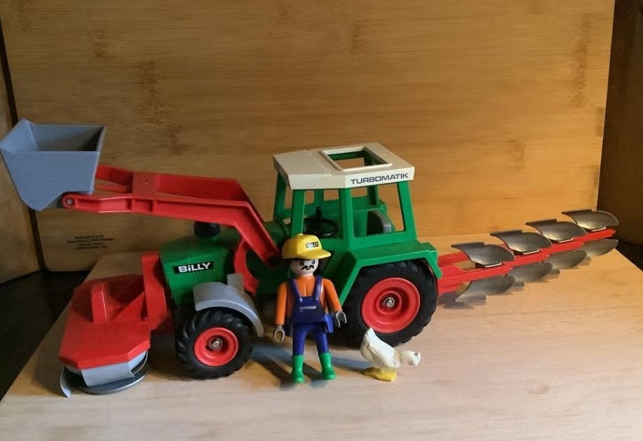 Playmobil 3718 Tractor met voorlader, ploeg, maaier en boer, Ophalen of Verzenden, Gebruikt
