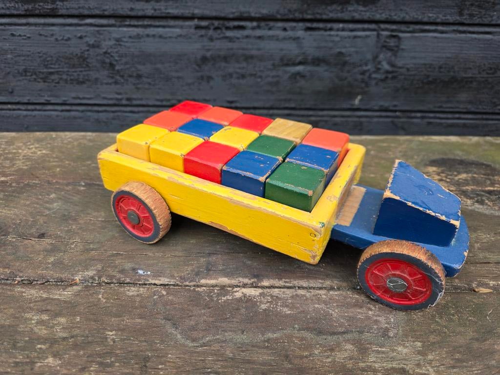 Vintage Houten Speelgoed Vrachtwagen met Blokken, Ophalen of Verzenden, Gebruikt